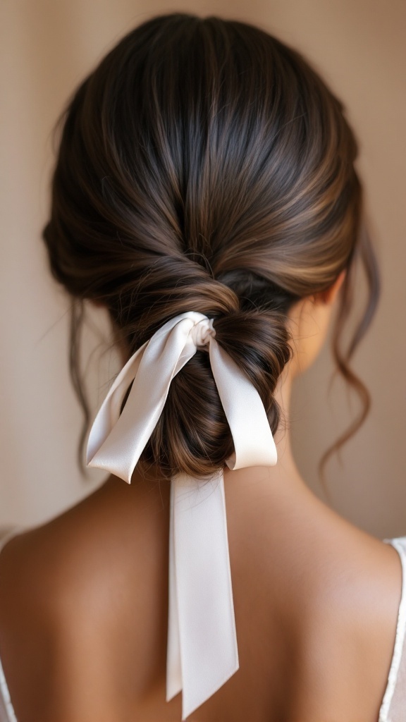 A sleek low ponytail hairstyle adorned with a white ribbon, showcasing a polished look.