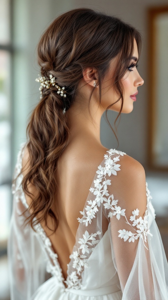 A brunette bridesmaid with a sleek low ponytail adorned with floral hair accessories, wearing a dress with an elegant back design.