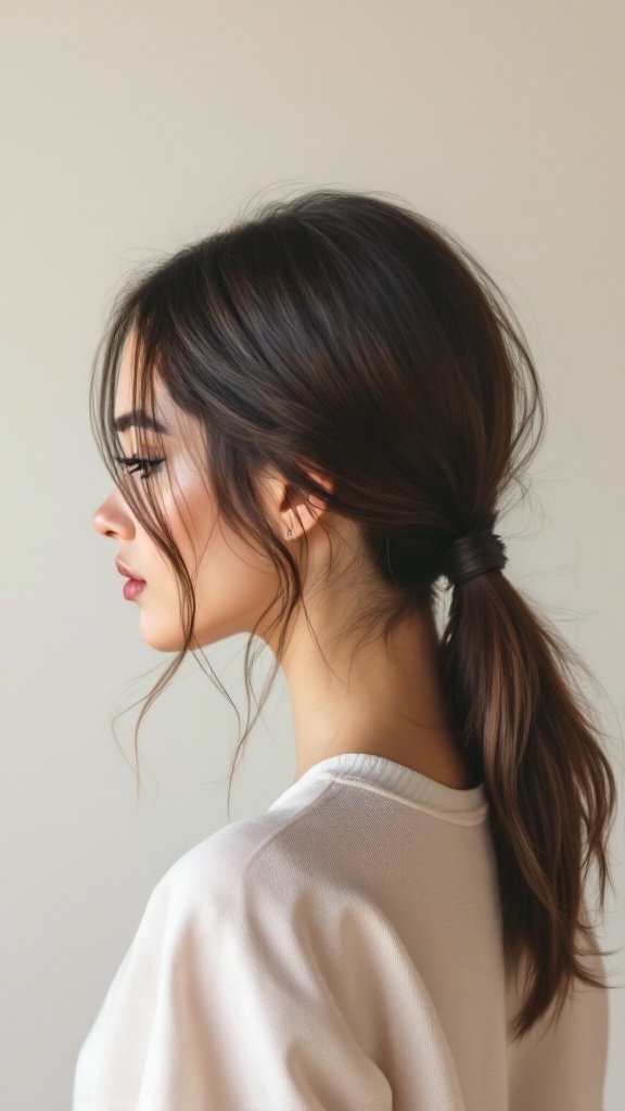 A woman with a sleek low ponytail and middle part hairstyle, showcasing a polished look.