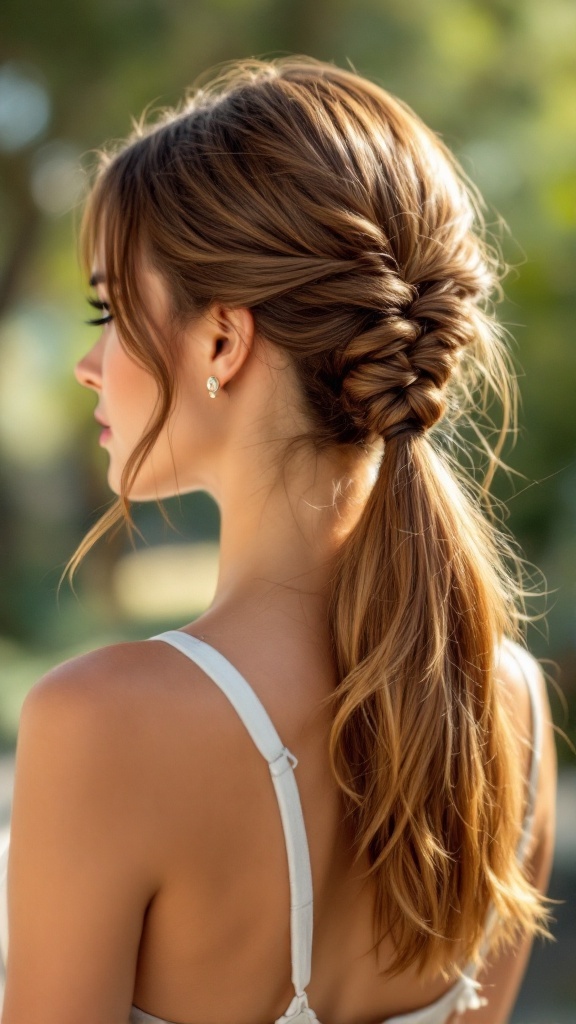 A woman with medium-length hair styled in a sleek low ponytail with a twist, showcasing soft waves and elegance.