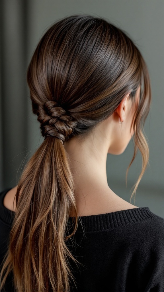 A sleek low ponytail hairstyle with braided detail suitable for bridesmaids.