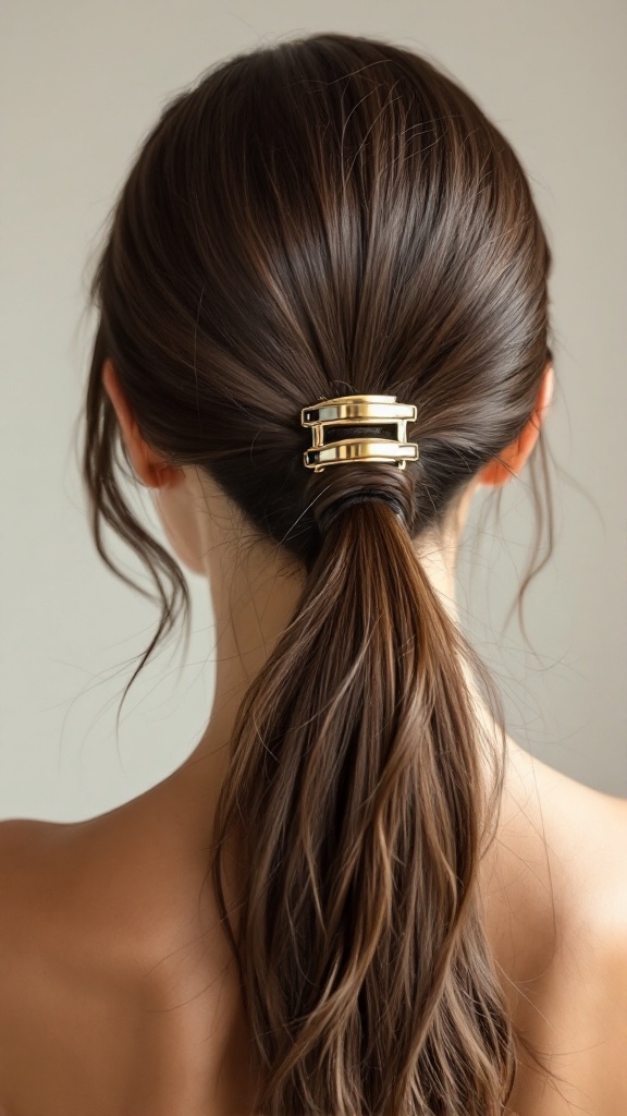 Sleek low ponytail held with a gold claw clip, showcasing a clean and elegant hairstyle.