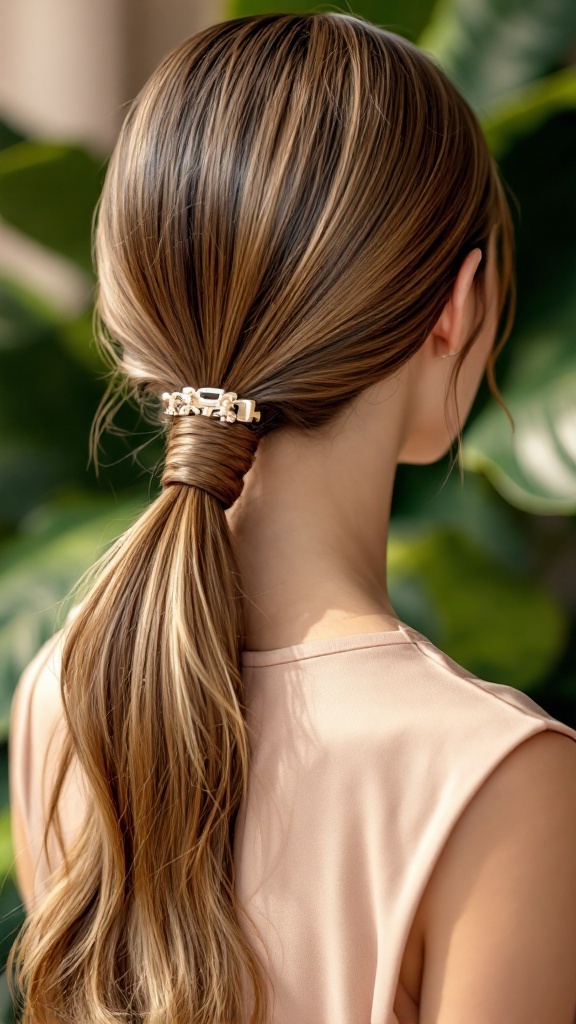 A sleek low ponytail held with a claw clip, showcasing a stylish hairstyle for long hair.