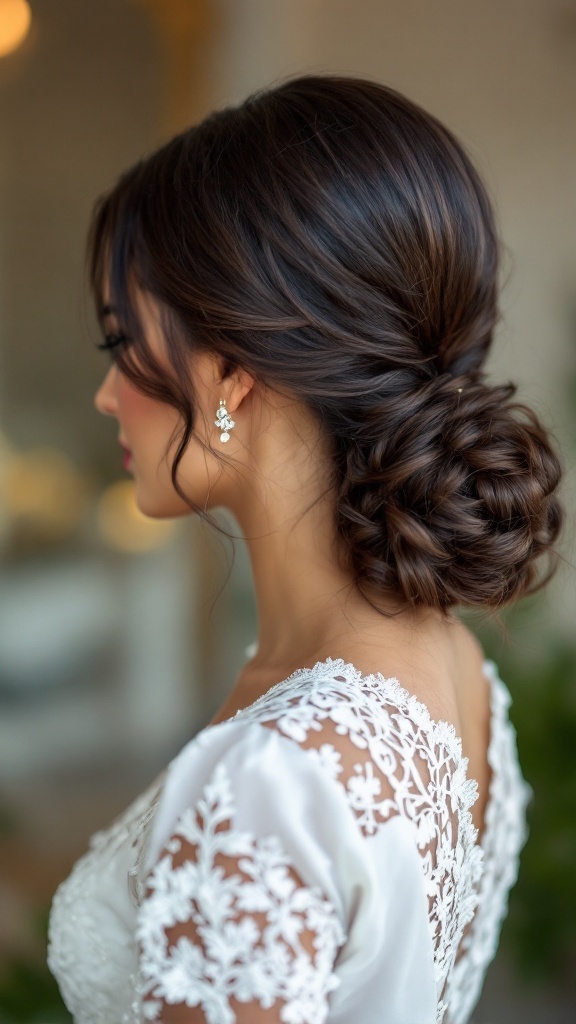 A woman with a sleek low ponytail and curly ends, showcasing a stylish bridal hairstyle.