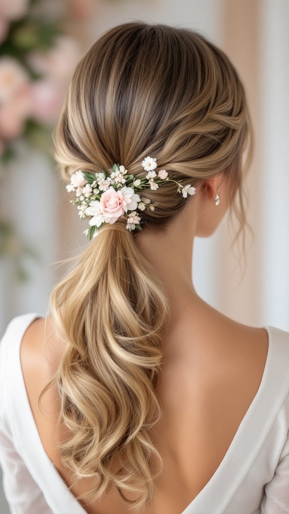 A sleek low ponytail hairstyle adorned with floral accents, featuring soft pink roses and white flowers.