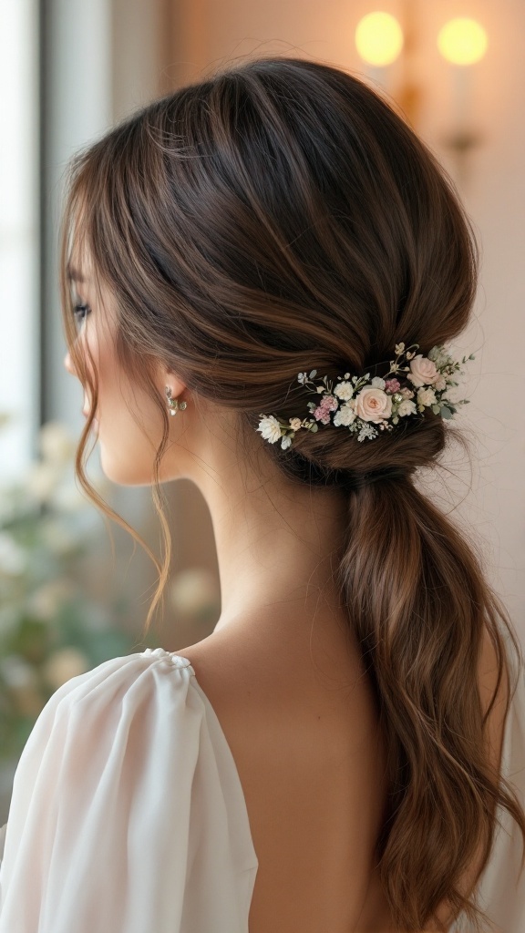 A woman with a sleek low ponytail adorned with floral embellishments, showcasing a romantic hairstyle ideal for a boho wedding.