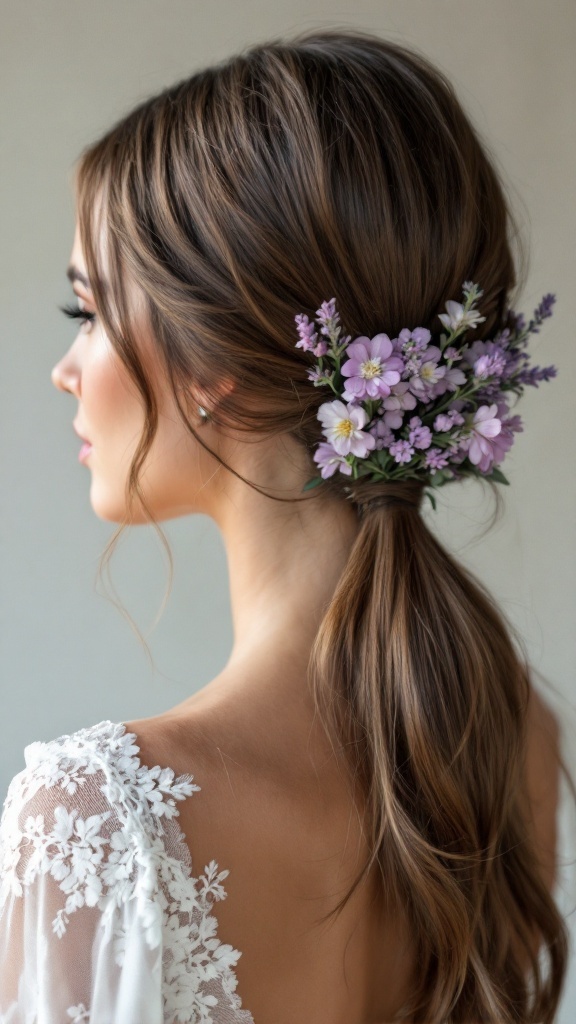 A bride with a sleek low ponytail adorned with lavender flowers, showcasing a beautiful hairstyle with floral accents.