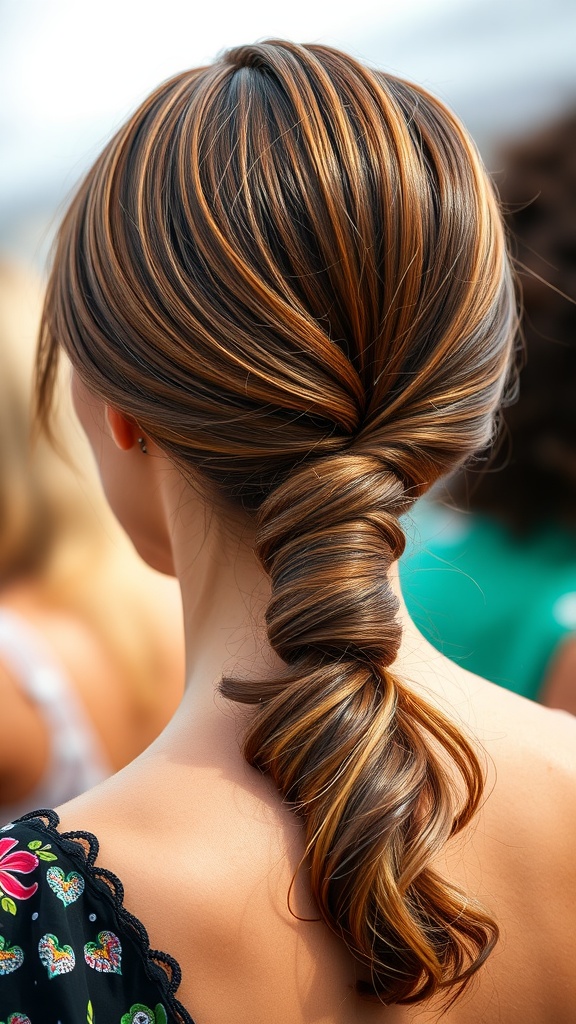 A woman with a sleek low ponytail styled with a metallic hair tie, showcasing smooth, shiny hair.