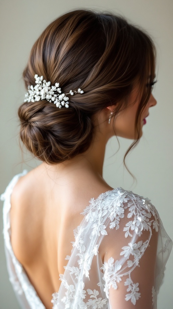 A woman with a sleek low ponytail and side part, adorned with a delicate hair accessory, showcasing a wedding hairstyle.