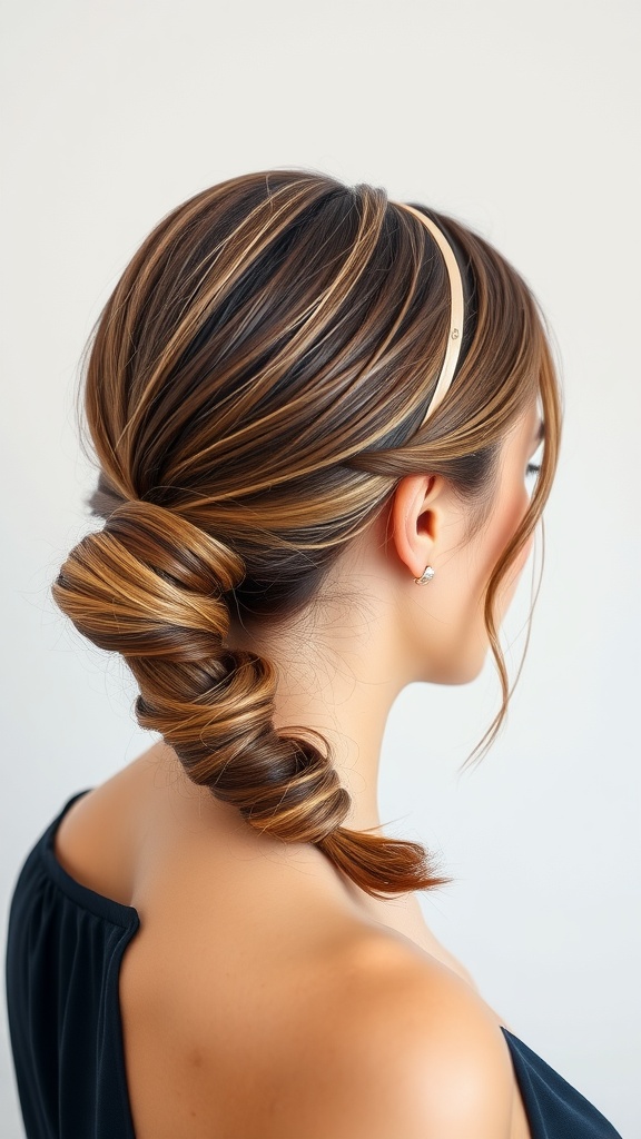 A sleek low ponytail adorned with a thin headband, showcasing a smooth hairstyle and rich hair colors.