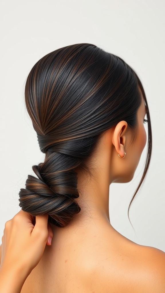 A sleek low ponytail hairstyle with volume, featuring smooth strands and a braided twist at the base.