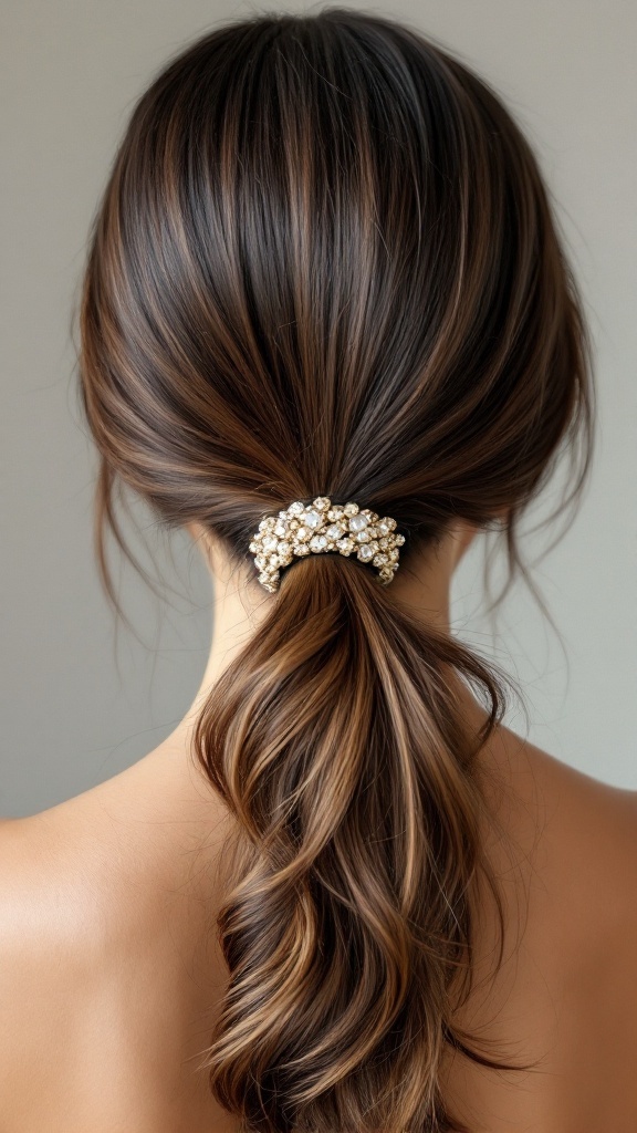 A sleek low ponytail with volume held by a decorative hair clip, showcasing shiny thick hair.