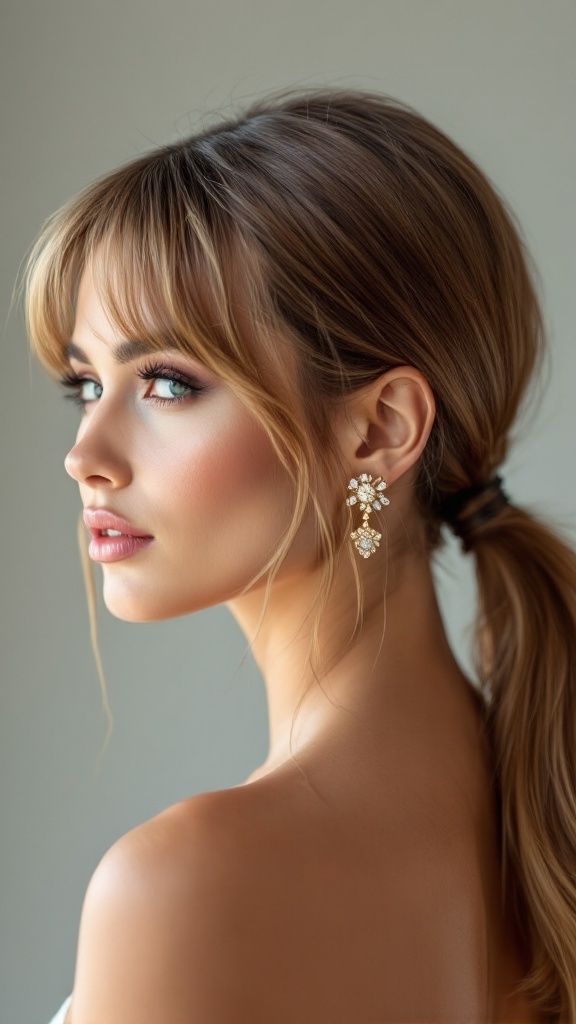 A woman with a sleek low ponytail and wispy bangs, wearing elegant earrings.