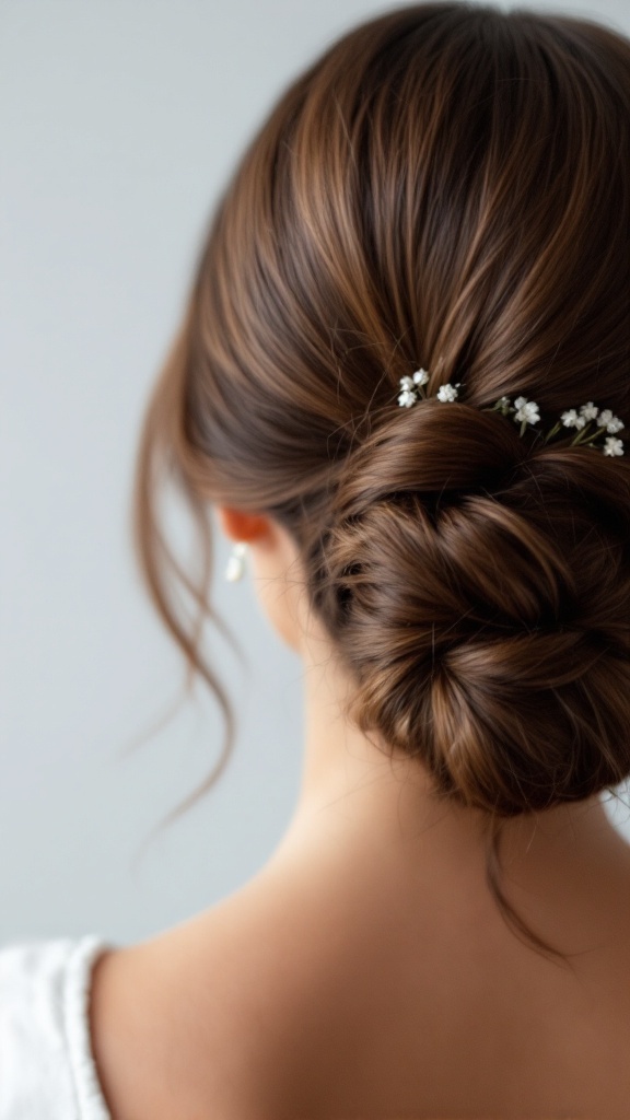 A close-up view of a woman’s sleek low ponytail hairstyle with delicate flowers