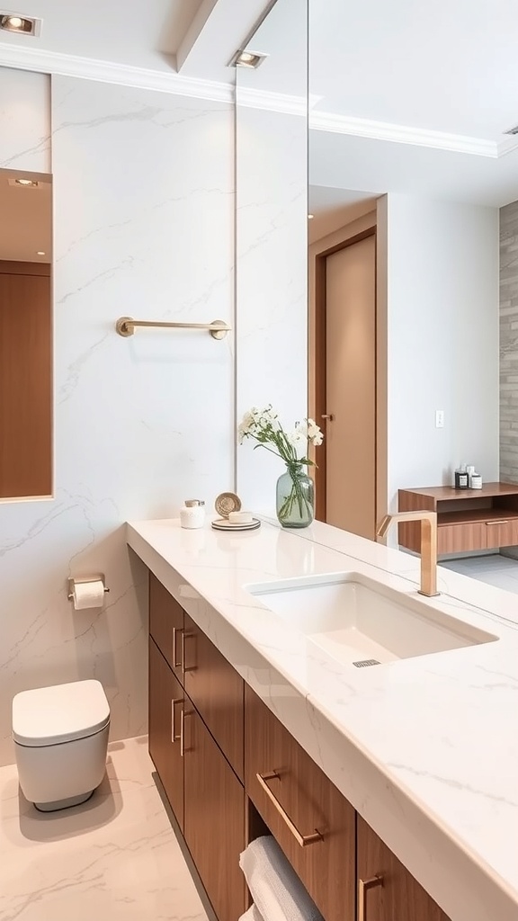 A modern bathroom featuring a sleek marble countertop, wooden cabinetry, and gold fixtures.