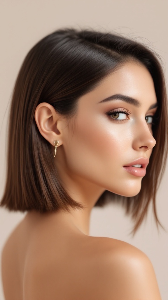 Model with sleek medium-length haircut and earrings