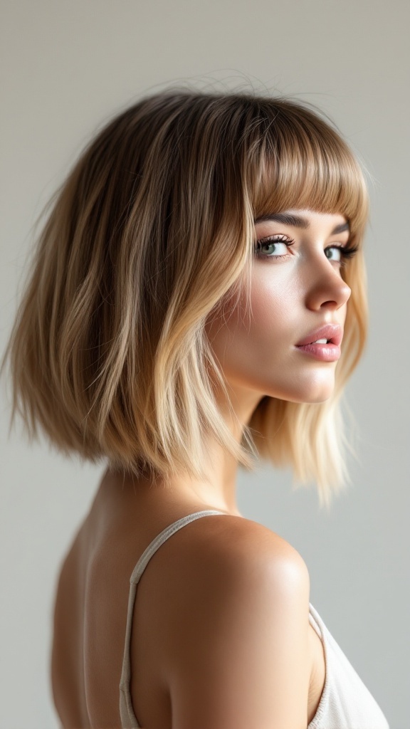 A woman with a sleek medium haircut and angular bangs, showcasing a stylish and polished look.