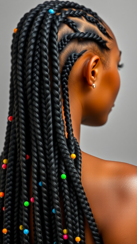 A close-up view of sleek medium knotless braids adorned with colorful beads.