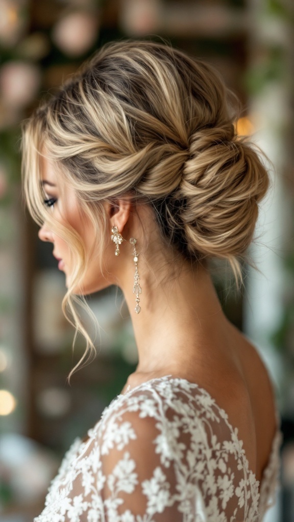 A woman with a sleek messy bun hairstyle and statement earrings, showcasing elegance for a wedding.