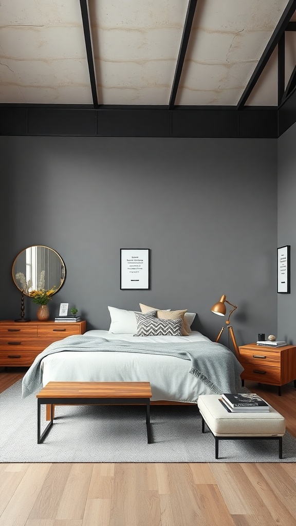 A stylish loft-style bedroom featuring dark gray walls, wooden furniture, and metal accents.