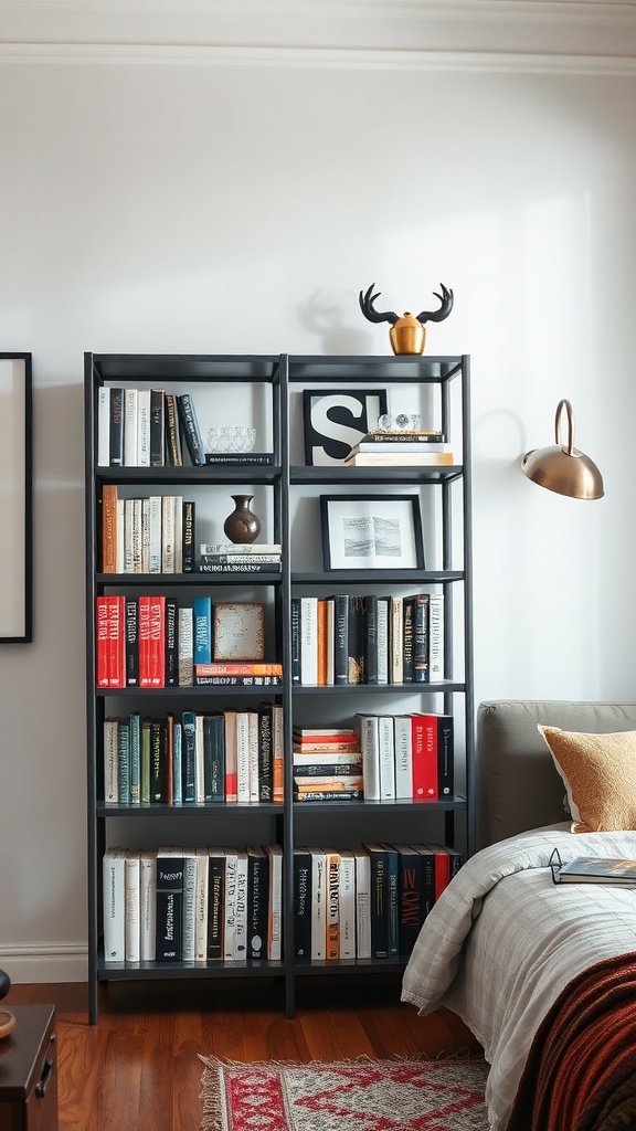 A stylish black metal bookcase filled with colorful books beside a cozy bed in a modern bedroom.