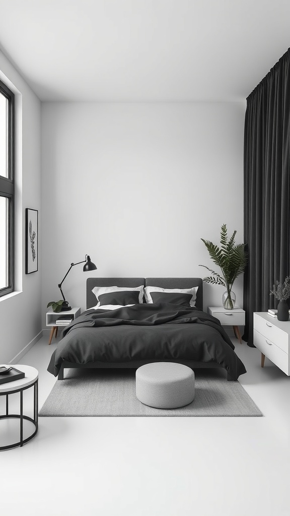 A sleek minimalist black and white bedroom featuring a dark bedspread, modern furniture, and a potted plant.
