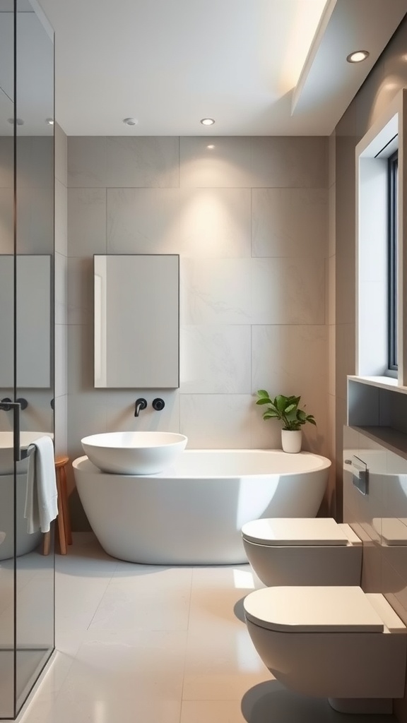 Modern bathroom with a freestanding bathtub, minimalist fixtures, and natural elements.