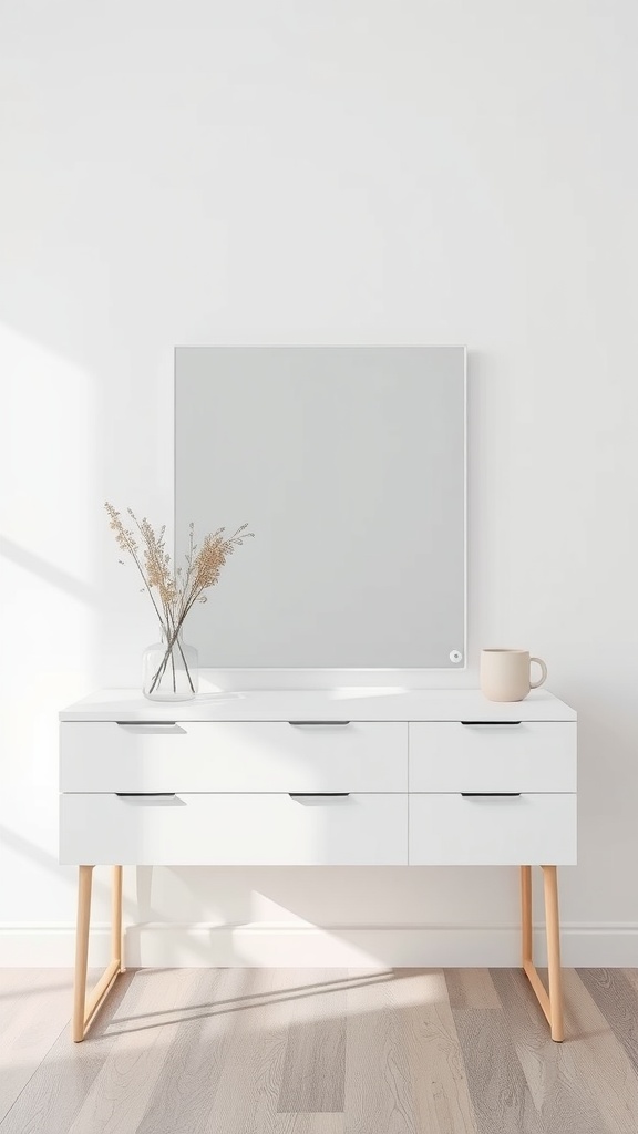 A modern minimalist dressing table with a white surface, wooden legs, a mirror, a vase with flowers, and a cup.