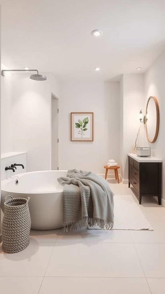 A sleek minimalist basement bathroom featuring a round bathtub, gray blanket, woven basket, and stylish lighting.