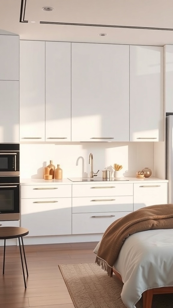 A modern luxury kitchen featuring sleek white cabinetry, gold hardware, and a warm wooden floor.