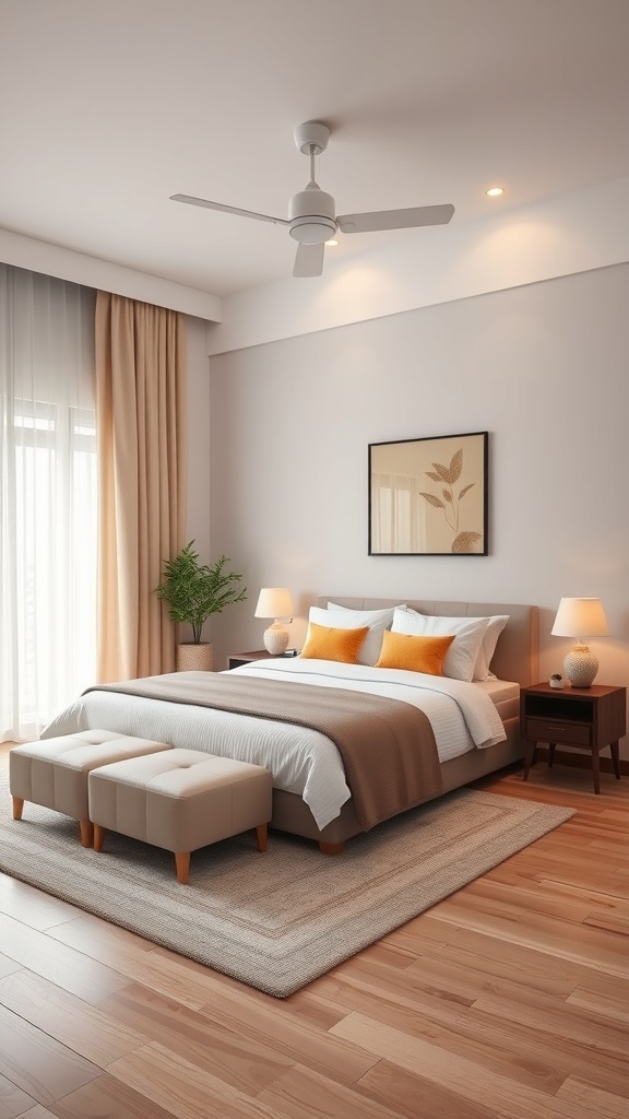 A modern Indian bedroom featuring sleek minimalist furniture with a neutral color palette, wooden flooring, and natural light.