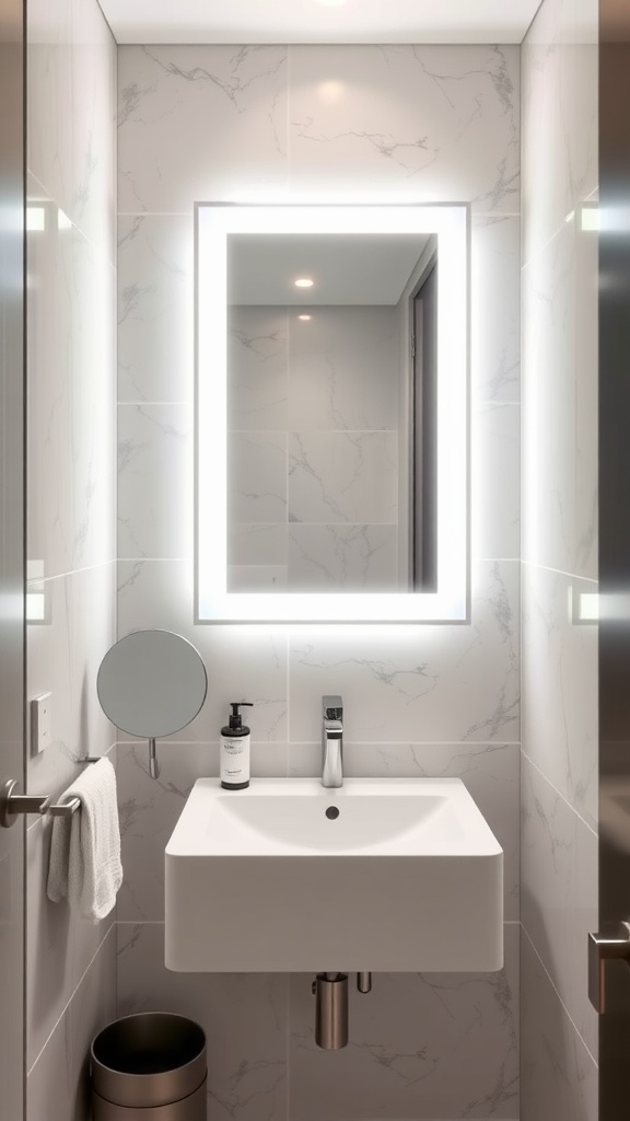 Modern small bathroom with a sleek backlit mirror and minimalistic design.