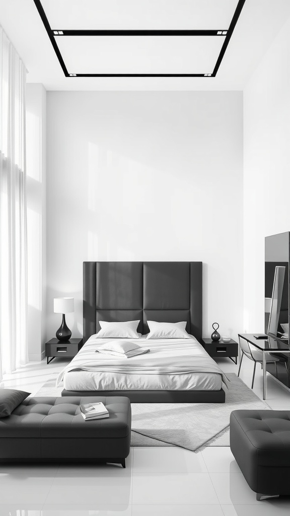 A sleek modern bedroom featuring a black and white color palette with minimal furniture.