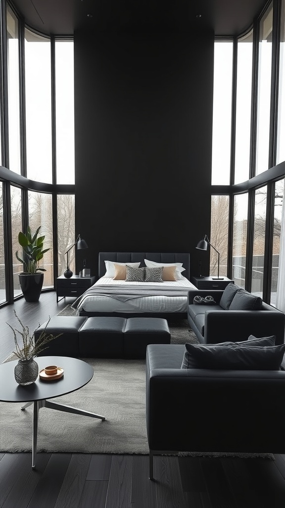 A modern black living room with large windows, minimalist furniture, and green plants.