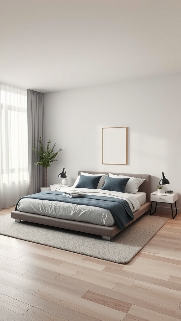A modern corner bed setup with clean lines, soft bedding, and natural light.