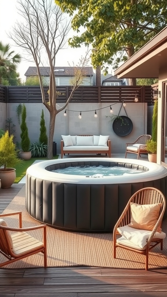 Sleek inflatable hot tub in a modern backyard setting with seating and greenery.