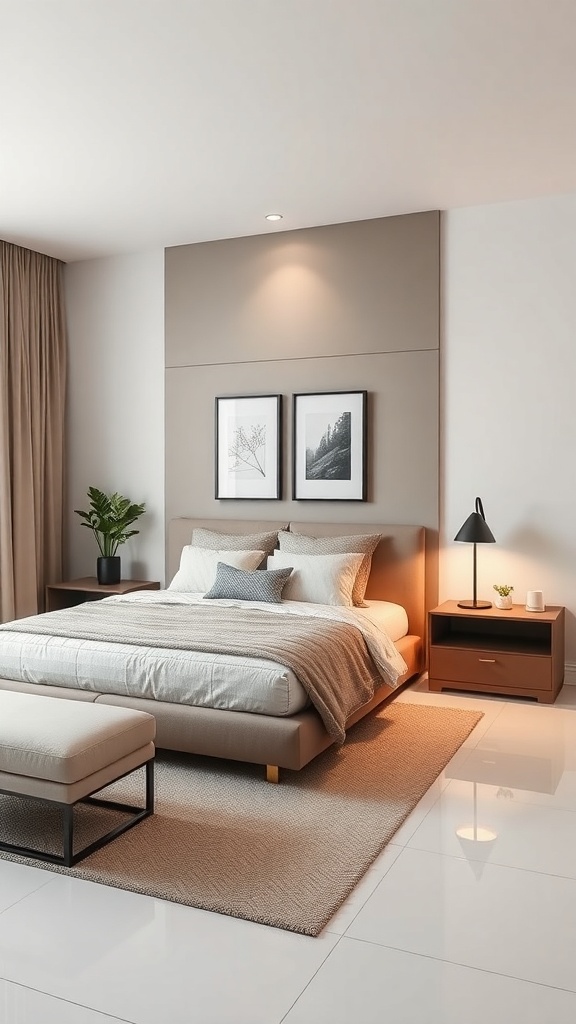 A modern bedroom featuring a plush bed, minimalist decor, and warm lighting.