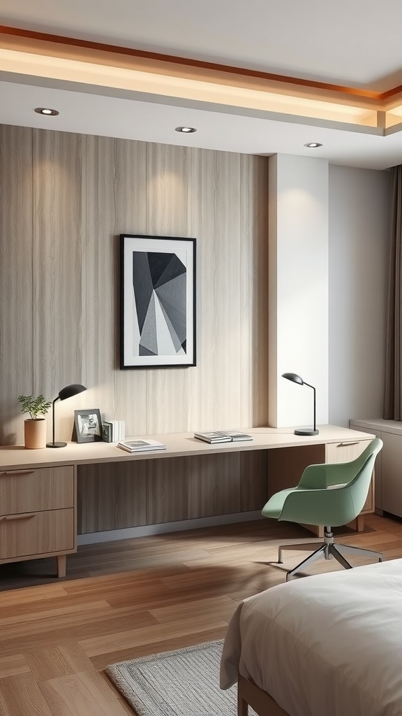 A modern desk setup in a bedroom featuring light wood materials, a green chair, and stylish lighting.