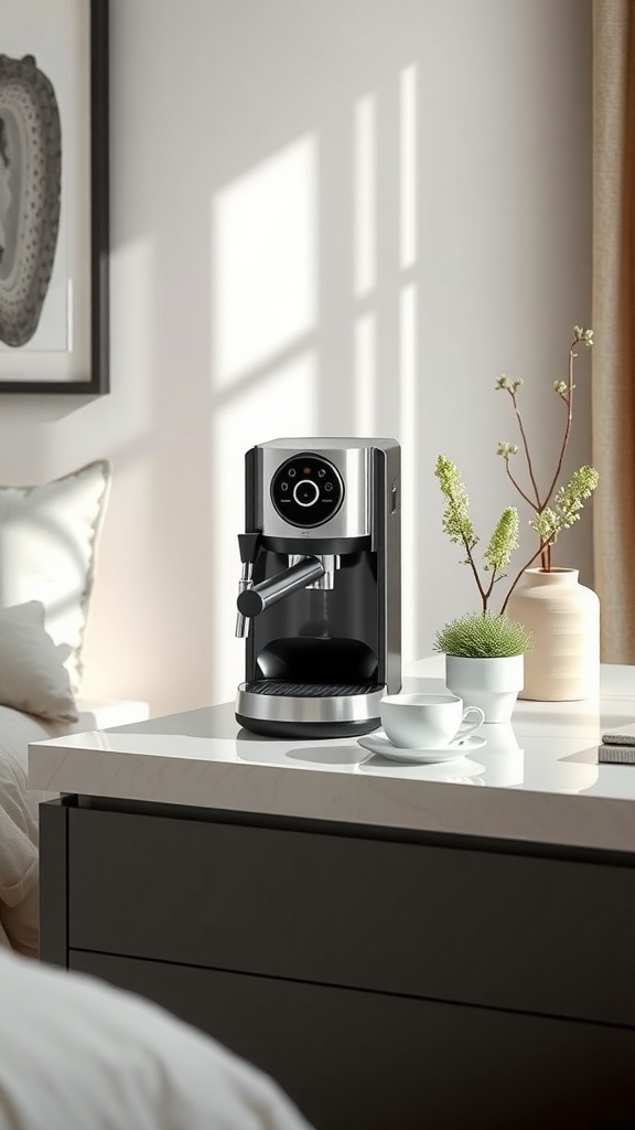 A modern espresso machine on a kitchen counter with a white cup and a small plant.