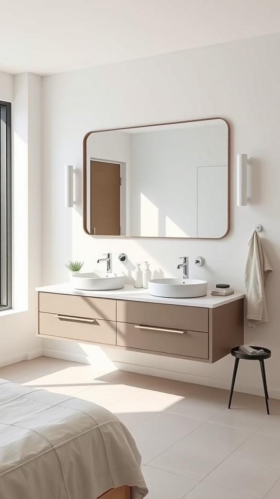 A sleek modern floating vanity with two sinks, a large mirror, and stylish lighting in a bright bathroom.