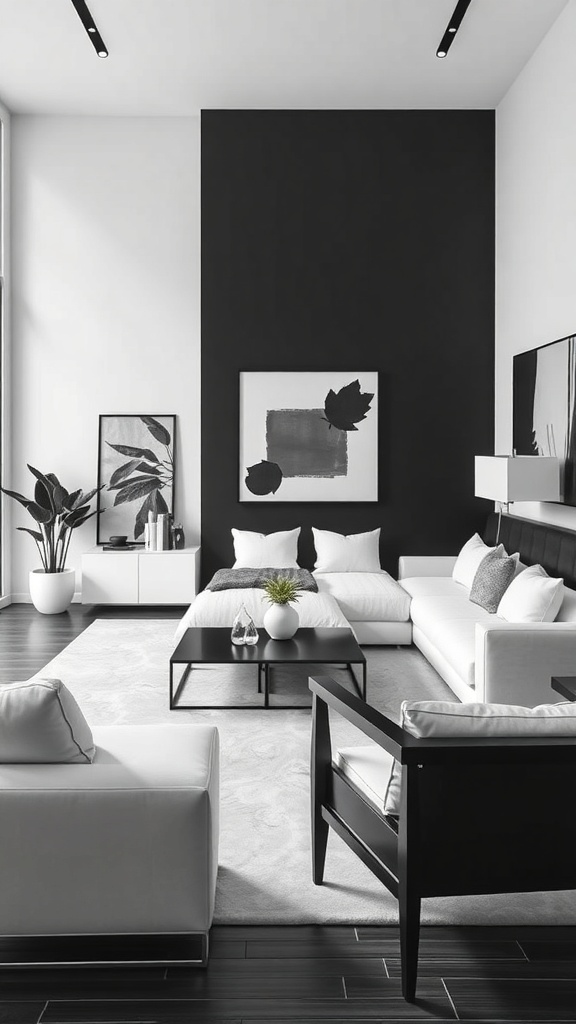 A modern black and white living room featuring sleek furniture and sharp lines.