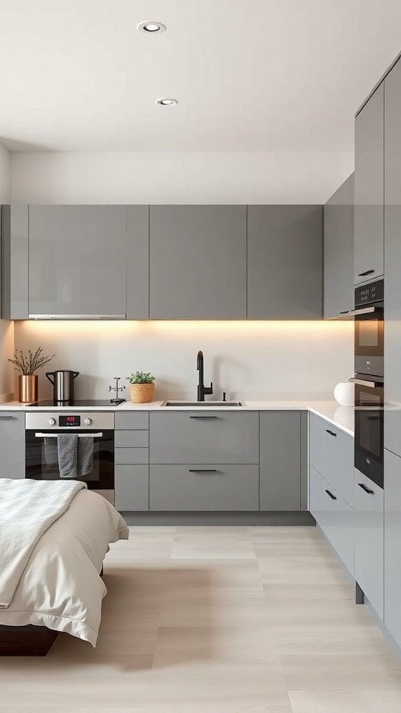 A modern kitchen featuring sleek grey cabinets, a minimalist design, and warm lighting.