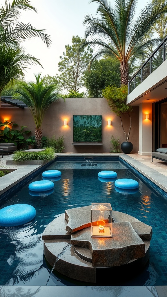 A sleek modern pool with floating loungers and a central water feature surrounded by greenery.
