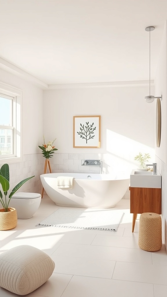 A modern bathroom featuring a freestanding bathtub, wooden accents, and plants, creating a spa-like atmosphere.