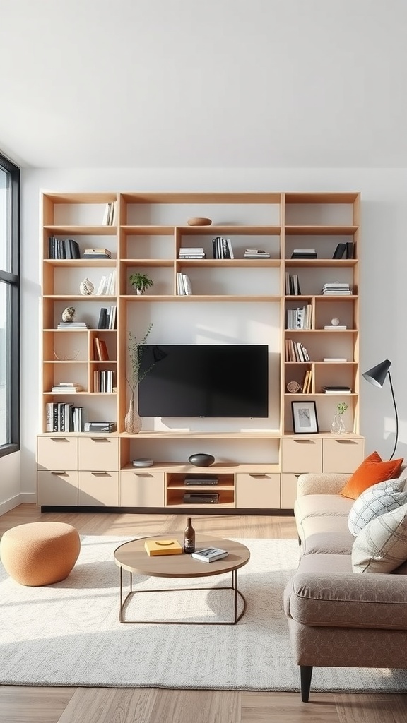 A modern living room featuring a modular shelving unit with open and closed storage, a comfortable sofa, and a coffee table.