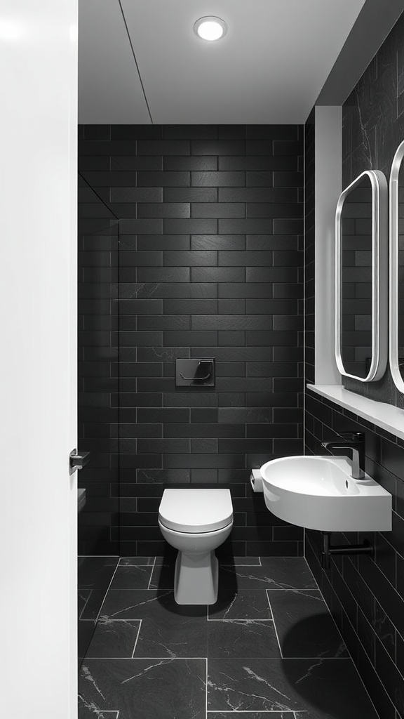 A modern bathroom with black tiles on the walls and floor, featuring a white sink and toilet, and recessed lighting.