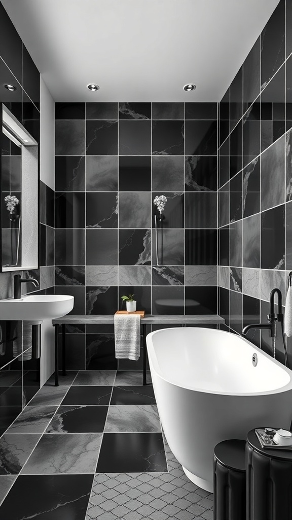 A modern black and white minimalist bathroom featuring sleek monochrome tiles, a white bathtub, and a small plant.