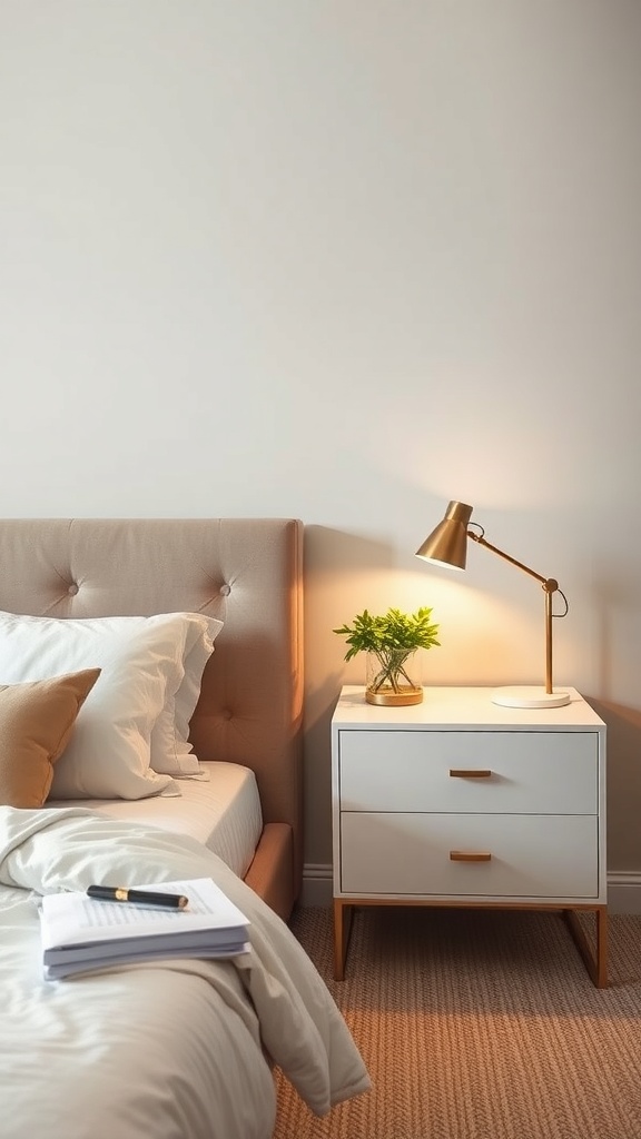 A stylish bedroom with a sleek nightstand, featuring a lamp and a small plant.