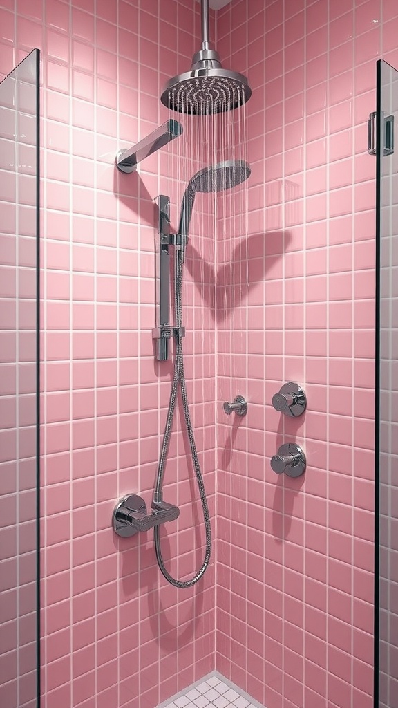 A sleek pink shower enclosure with chrome fixtures.