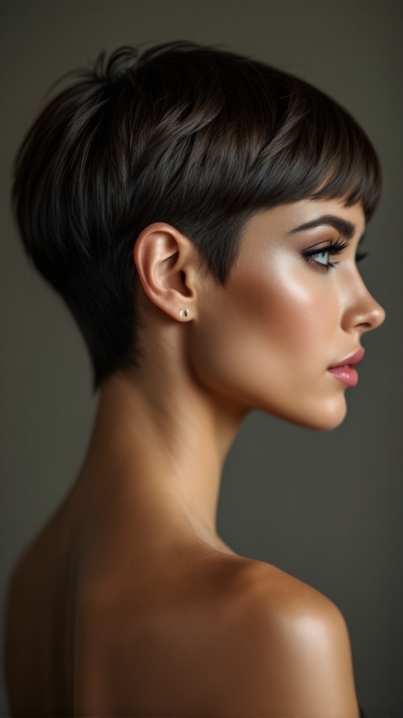 A side profile of a woman with a sleek pixie haircut and glossy finish